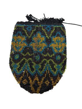 Antique Art Deco Hand-Beaded Drawstring Pouch Flapper Floral Clutch Purse READ